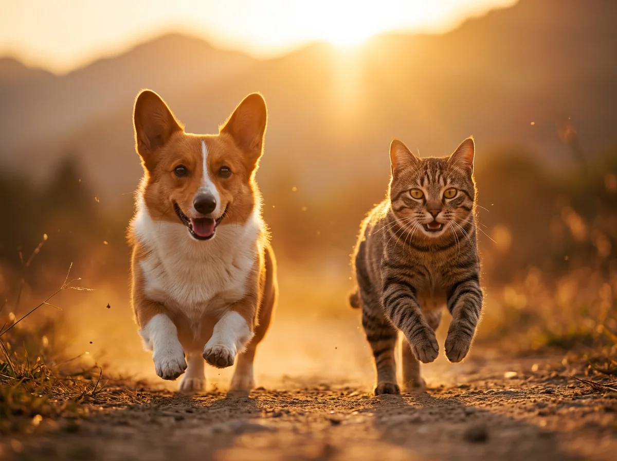 Happy dog and cat running together at sunset